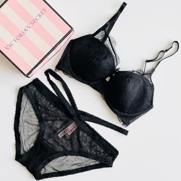 32DD MEDIUM Victoria’s Secret black lace bra set - Picture 1 of 7